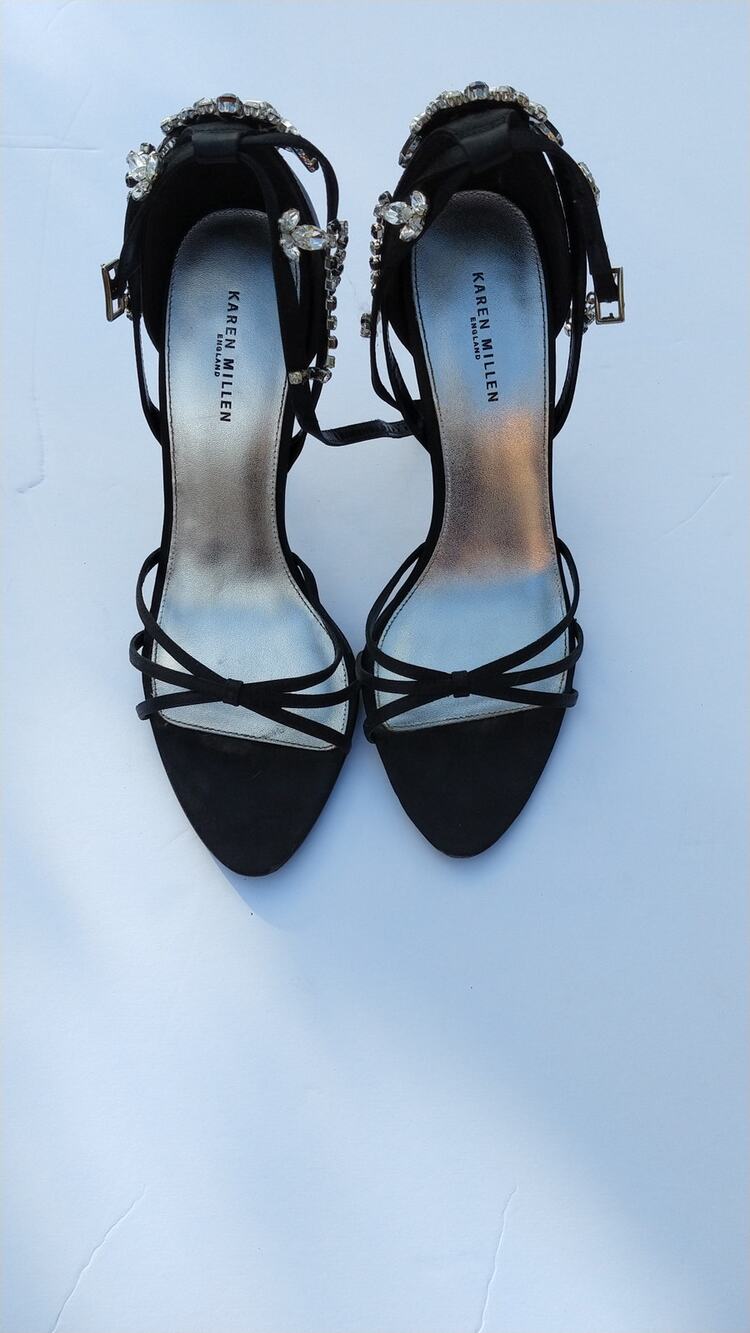 Karen Millen Open Toe Silver Heels Black Satin Rhinestones Chandelier SZ 38/7.5